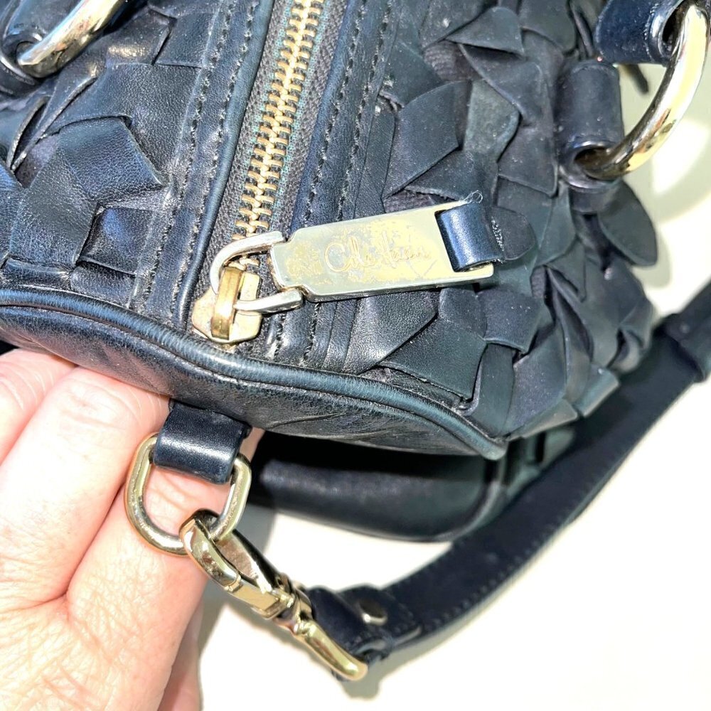 Cole Haan Leather Handbag Womens Woven Barrel Satchel Detachable Strap Black - Picture 9 of 16